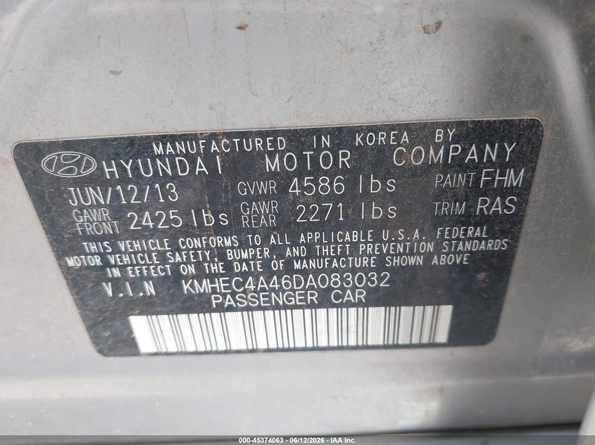 2013 Hyundai Sonata hybrid VIN KMHEC4A46DA083032 IAAI salvage auction — NORMAL WEAR, Original (Texas), sold $300 on 2026-07-17 (photo 9)
