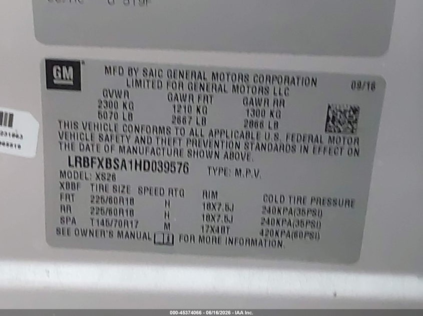 2017 Buick Envision VIN LRBFXBSA1HD039576 IAAI salvage auction — ROLLOVER, Salvage (Virginia), sold $375 on 2026-07-30 (photo 9)