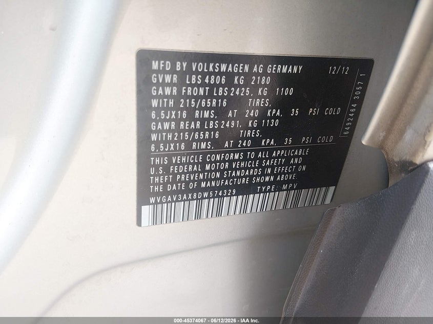 2013 Volkswagen Tiguan VIN WVGAV3AX8DW574329 IAAI salvage auction — LEFT FRONT, Salvage (Arizona), sold $650 on 2026-07-06 (photo 9)