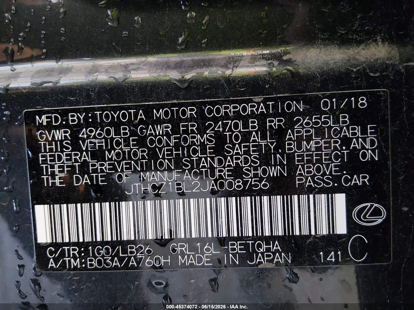 2018 Lexus Gs VIN JTHCZ1BL2JA008756 IAAI salvage auction — FRONT END, Salvage Title, sold $6,600 on 2026-07-17 (photo 7)