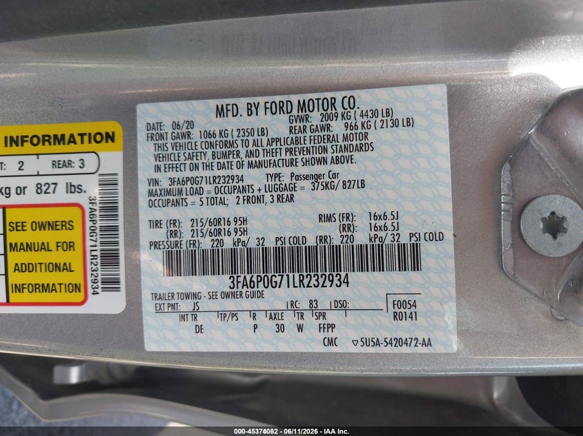 2020 Ford Fusion VIN 3FA6P0G71LR232934 IAAI salvage auction — NORMAL WEAR, SF97 (Virginia), sold $9,450 on 2026-07-22 (photo 9)