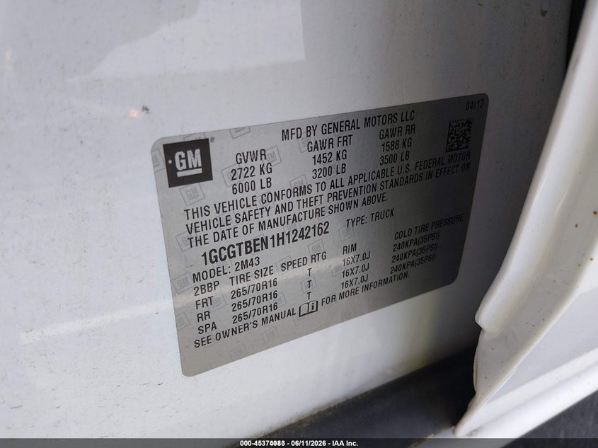 2017 Chevrolet Colorado VIN 1GCGTBEN1H1242162 IAAI salvage auction — NORMAL WEAR, Sf97 (Virginia), sold $17,500 on 2026-07-31 (photo 9)