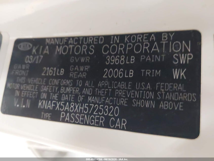 2017 Kia Forte VIN KNAFX5A8XH5725320 IAAI salvage auction — LEFT SIDE, Salvage (Arizona), sold $775 on 2026-07-21 (photo 9)