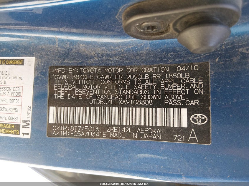 2010 Toyota Corolla VIN JTDBU4EEXA9108308 IAAI salvage auction — REAR END, Salvage (Maine), sold $825 on 2026-07-27 (photo 9)
