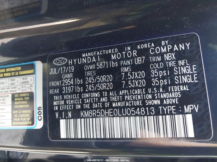 2020 Hyundai Palisade VIN KM8R5DHE0LU054813 IAAI salvage auction — REAR END, Salvage Title, sold $2,850 on 2026-07-24 (photo 9)