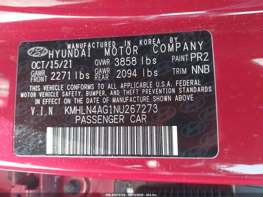 2022 Hyundai Elantra VIN KMHLN4AG1NU267273 IAAI salvage auction — RIGHT SIDE, Certificate Of Destruction (Florida), sold $3,750 on 2026-07-09 (photo 9)