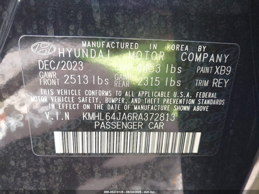2024 Hyundai Sonata VIN KMHL64JA6RA372813 IAAI salvage auction — BIOHAZARD/CHEMICAL, Salvage Title, sold $4,400 on 2026-07-23 (photo 9)