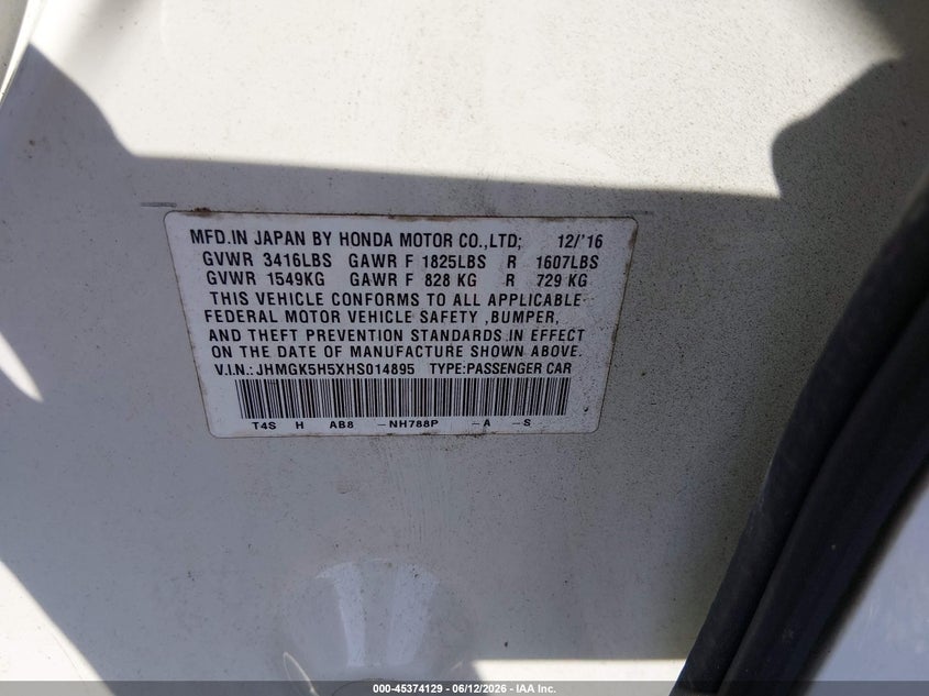 2017 Honda Fit VIN JHMGK5H5XHS014895 IAAI salvage auction — FRONT END, Salvage (South Carolina), sold $1,600 on 2026-07-21 (photo 9)