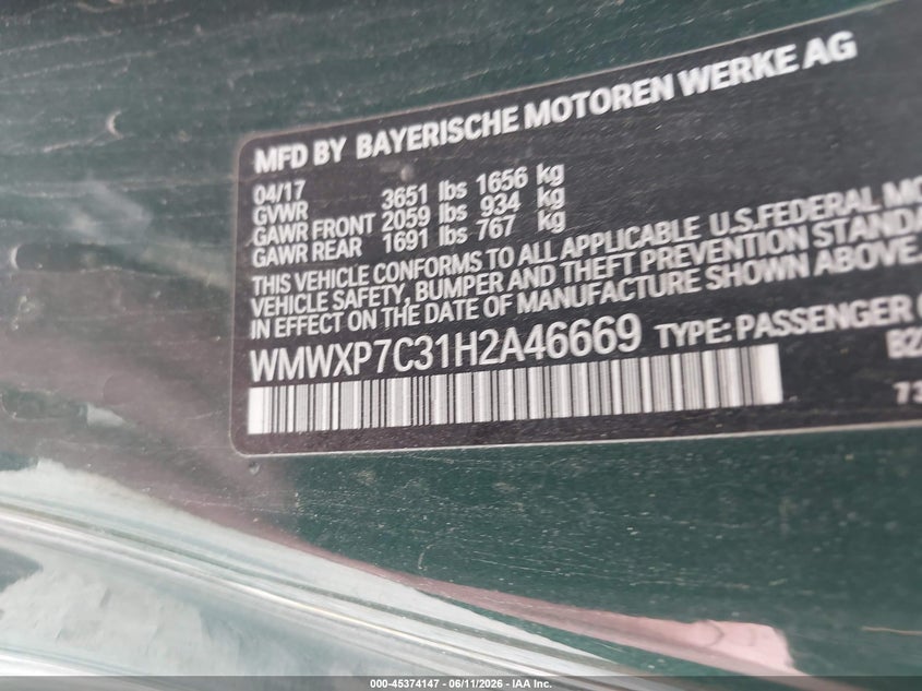 2017 Mini VIN WMWXP7C31H2A46669 IAAI salvage auction — NORMAL WEAR, Clear (New York), sold $400 on 2026-07-07 (photo 9)