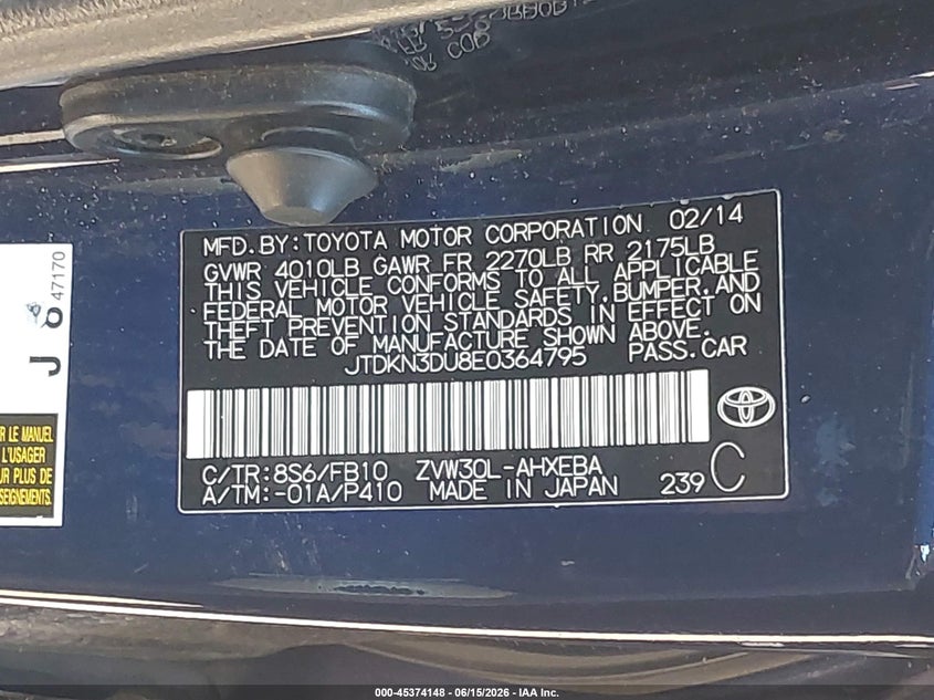 2014 Toyota Prius VIN JTDKN3DU8E0364795 IAAI salvage auction — RIGHT REAR, Salvage Title, sold $1,100 on 2026-07-21 (photo 9)