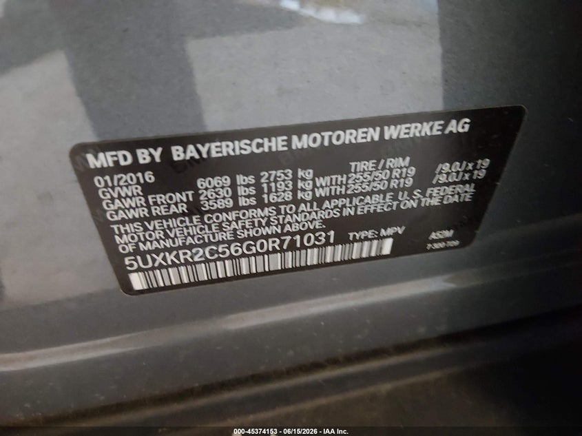 2016 BMW X5 VIN 5UXKR2C56G0R71031 IAAI salvage auction — FRONT & REAR, Salvage (Tennessee), sold $3,550 on 2026-07-13 (photo 9)