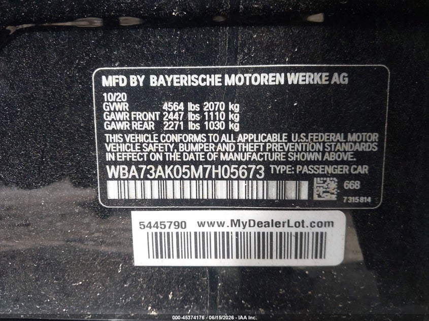2021 BMW 2er VIN WBA73AK05M7H05673 IAAI salvage auction — FRONT & REAR, Salvage (Idaho), sold $1,700 on 2026-08-12 (photo 9)