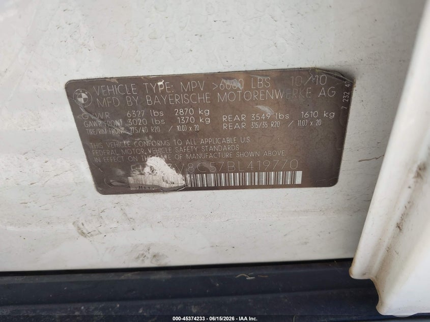 2011 BMW X5 VIN 5UXZV8C57BL419770 IAAI salvage auction — NORMAL WEAR, Original (Kentucky), sold $425 on 2026-07-28 (photo 9)