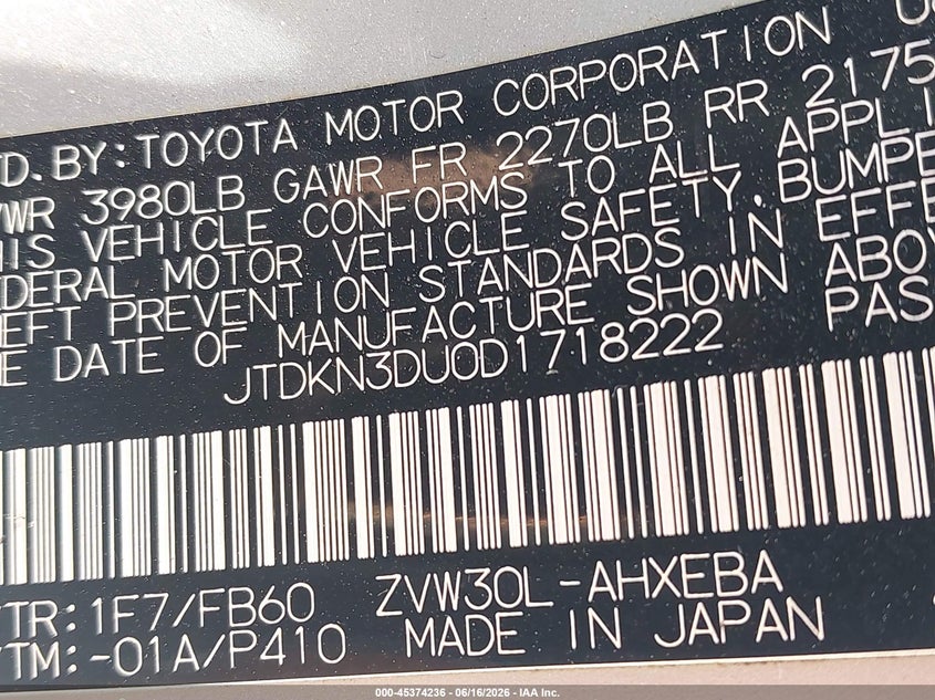 2013 Toyota Prius VIN JTDKN3DU0D1718222 IAAI salvage auction — FRONT END, Clear (Virginia), sold $1,475 on 2026-07-07 (photo 9)