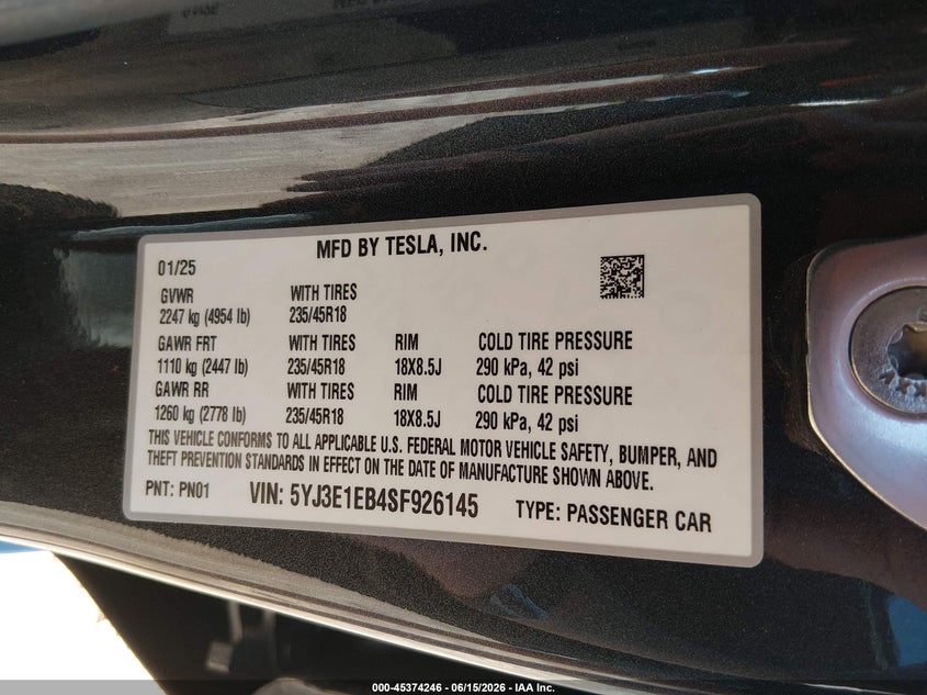 2025 Tesla Model 3 VIN 5YJ3E1EB4SF926145 IAAI salvage auction — HAIL, Salvage Title, sold $16,500 on 2026-08-02 (photo 9)