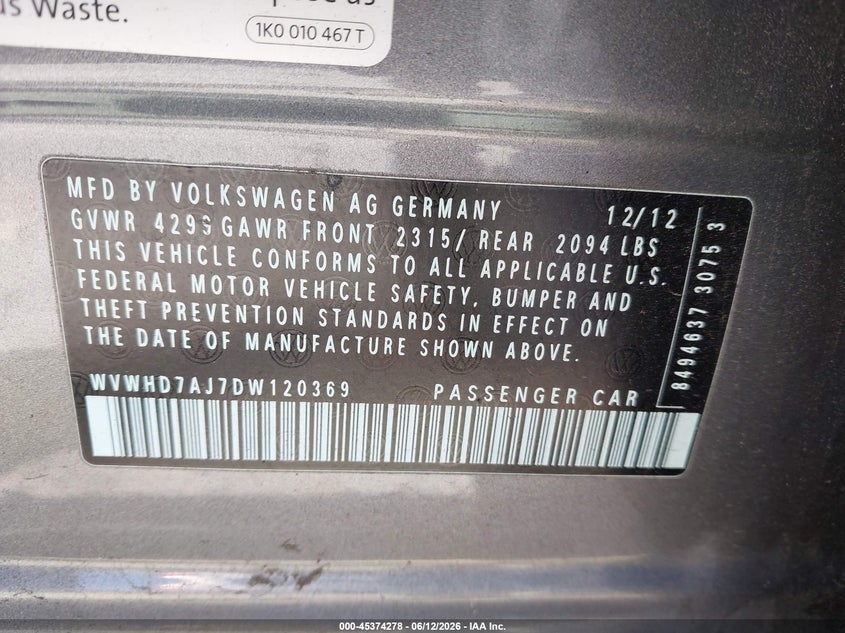 2013 Volkswagen Gti VIN WVWHD7AJ7DW120369 IAAI salvage auction — NORMAL WEAR, Clear (Washington), sold $2,250 on 2026-07-08 (photo 9)