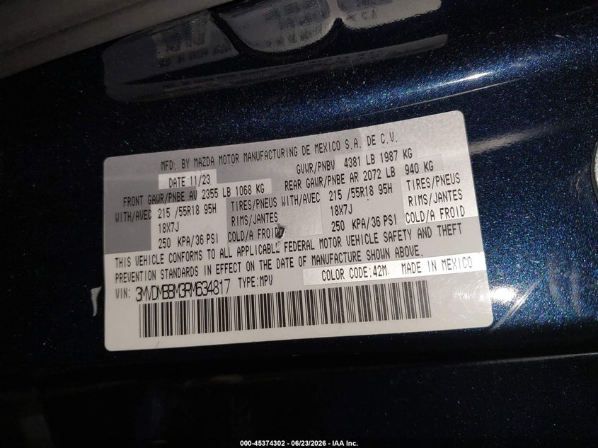 2024 Mazda Cx-30 VIN 3MVDMBBM3RM634817 IAAI salvage auction — SIDE, Salvage Title, sold $6,000 on 2026-07-19 (photo 9)
