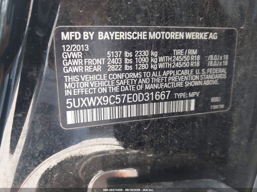 2014 BMW X3 VIN 5UXWX9C57E0D31667 IAAI salvage auction — SIDE, Salvage (Ohio), sold $2,250 on 2026-07-07 (photo 9)