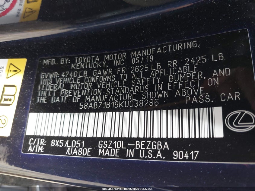 2019 Lexus ES VIN 58ABZ1B19KU038286 IAAI salvage auction — REAR END, Salvage (Virginia), sold $11,800 on 2026-07-10 (photo 9)