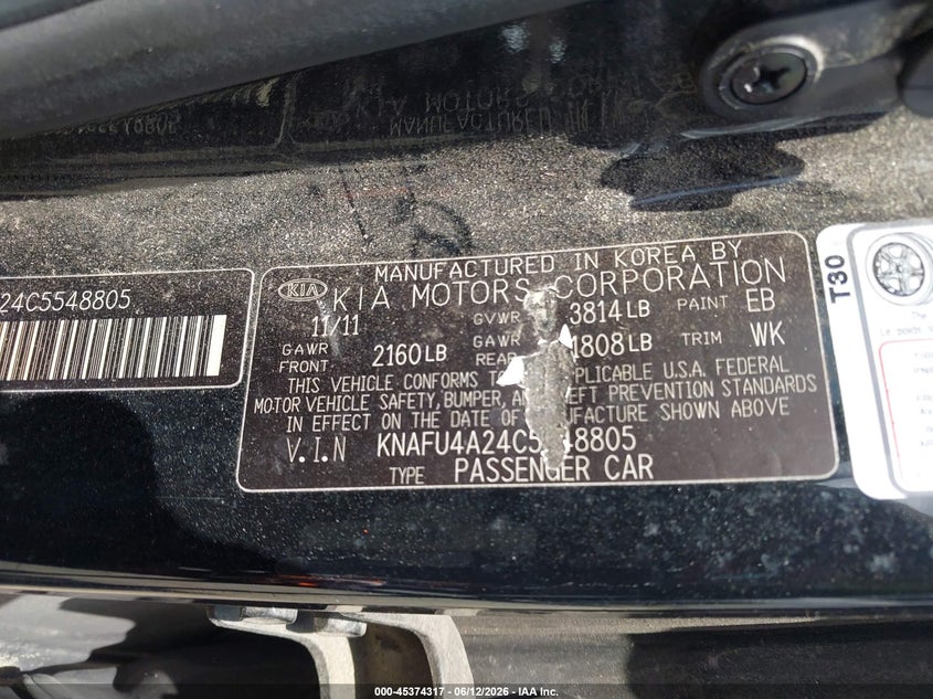 2012 Kia Forte VIN KNAFU4A24C5548805 IAAI salvage auction — FRONT END, Repossession Paperwork (Georgia), sold $350 on 2026-07-09 (photo 9)
