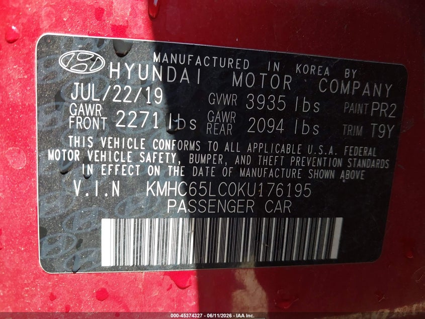 2019 Hyundai VIN KMHC65LC0KU176195 IAAI salvage auction — NORMAL WEAR, Clear - Dealer Only (California), sold $2,250 on 2026-07-13 (photo 9)