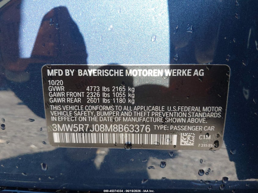 2021 BMW 3er VIN 3MW5R7J08M8B63376 IAAI salvage auction — FRONT END, Wait Title, sold $5,400 on 2026-08-01 (photo 9)