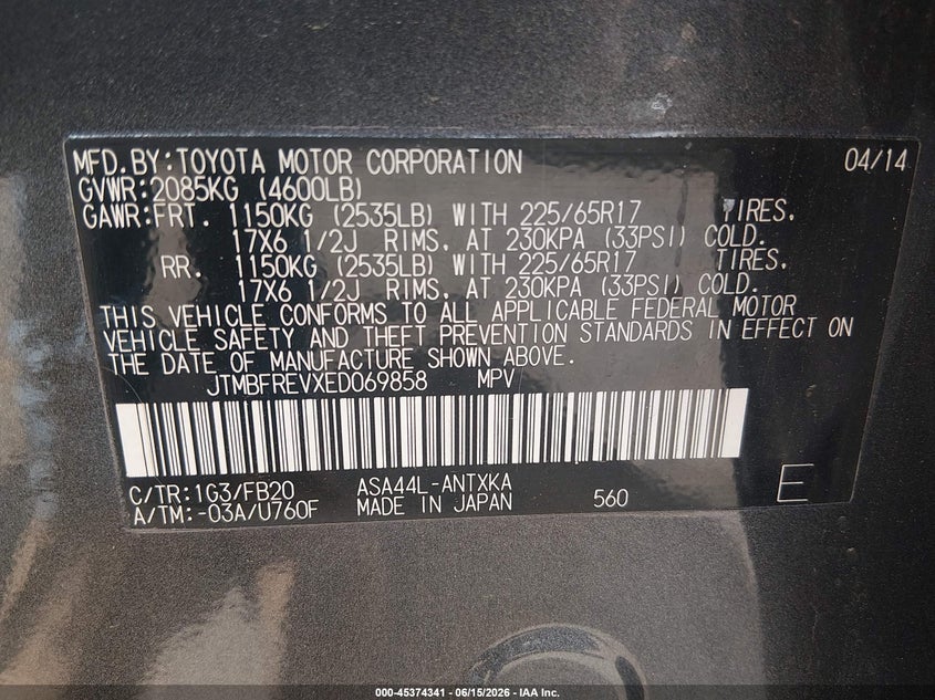 2014 Toyota Rav 4 VIN JTMBFREVXED069858 IAAI salvage auction — ALL OVER, Salvage - Greater Than 75% (Maryland), sold $2,000 on 2026-07-15 (photo 9)