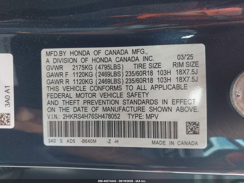 2025 Honda Cr-v VIN 2HKRS4H76SH478052 IAAI salvage auction — HAIL, Original (Texas), sold $19,400 on 2026-07-29 (photo 9)