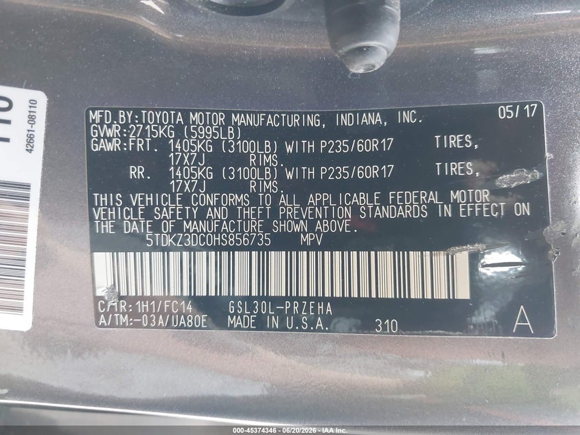 2017 Toyota Sienna VIN 5TDKZ3DC0HS856735 IAAI salvage auction — LEFT SIDE, Original (Texas), sold $7,100 on 2026-07-29 (photo 9)