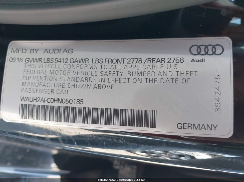 2017 Audi A6 VIN WAUH2AFC0HN050185 IAAI salvage auction — REAR END, Salvage (Arizona), sold $8,100 on 2026-07-28 (photo 9)