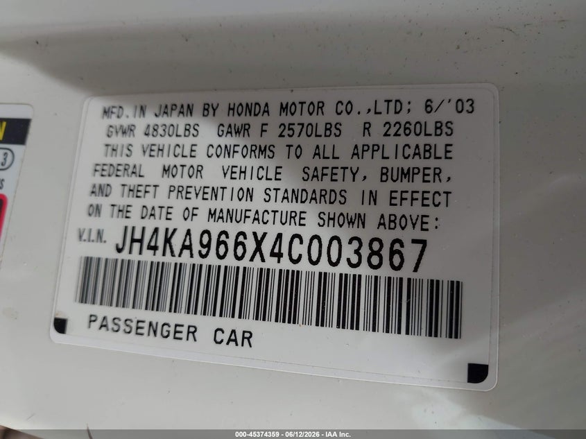 2004 Acura Rl VIN JH4KA966X4C003867 IAAI salvage auction — FRONT END, Salvage (Alabama), sold $225 on 2026-07-15 (photo 9)