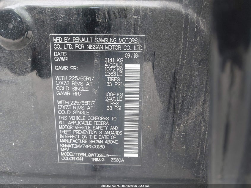 2019 Nissan Rogue VIN KNMAT2MV7KP500180 IAAI salvage auction — FRONT END, Salvage (Idaho), sold $1,700 on 2026-07-13 (photo 9)