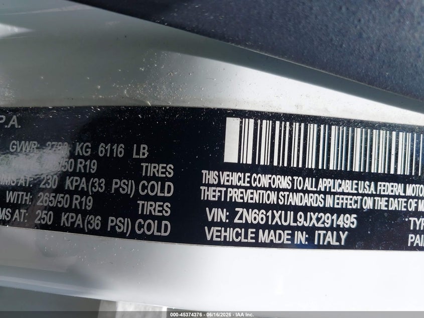 2018 Maserati Levante VIN ZN661XUL9JX291495 IAAI salvage auction — ELECTRICAL, Original (West Virginia), sold $3,550 on 2026-07-08 (photo 9)