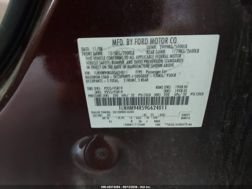 2009 Lincoln Mks VIN 1LNHM94R59G624011 IAAI salvage auction — RIGHT FRONT, Clear (Colorado), sold $625 on 2026-07-22 (photo 9)