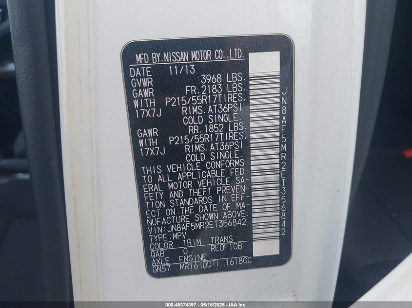 2014 Nissan Juke VIN JN8AF5MR2ET356842 IAAI salvage auction — LEFT SIDE, Clear (Virginia), sold $925 on 2026-07-07 (photo 9)