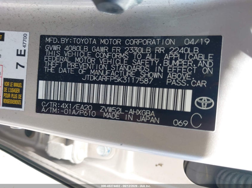 2019 Toyota Prius VIN JTDKARFP5K3117587 IAAI salvage auction — FRONT END, Salvage (Oregon), sold $8,300 on 2026-08-21 (photo 9)