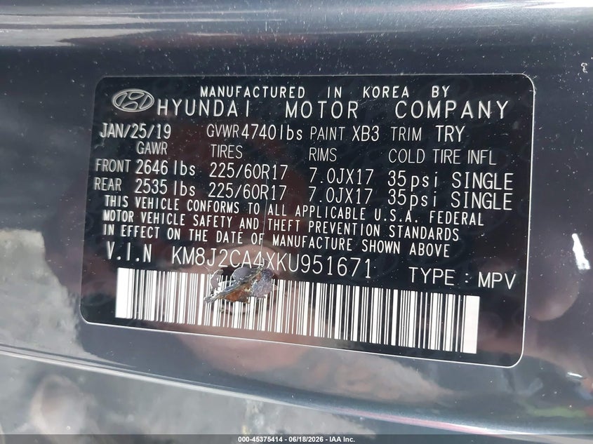 2019 Hyundai Tucson VIN KM8J2CA4XKU951671 IAAI salvage auction — REAR END, Salvage Title, sold $3,850 on 2026-07-19 (photo 9)