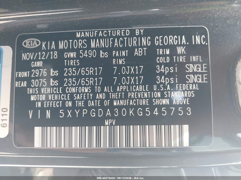 2019 Kia Sorento VIN 5XYPGDA30KG545753 IAAI salvage auction — LEFT REAR, Salvage Title, sold $1,700 on 2026-07-29 (photo 9)
