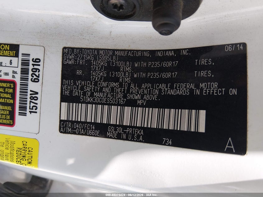 2014 Toyota Sienna VIN 5TDKK3DC0ES503167 IAAI salvage auction — RIGHT FRONT, Salvage (Texas), sold $2,450 on 2026-07-30 (photo 9)