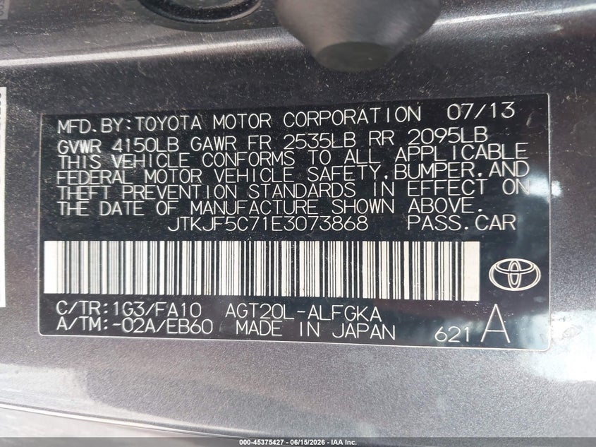 2014 Scion Tc VIN JTKJF5C71E3073868 IAAI salvage auction — LEFT FRONT, Salvage (Illinois), sold $900 on 2026-07-15 (photo 9)