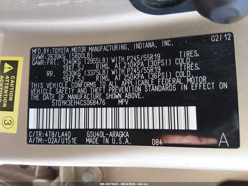 2012 Toyota Highlander VIN 5TDYK3EH4CS068476 IAAI salvage auction — REAR END, Salvage Title, sold $2,900 on 2026-07-22 (photo 9)