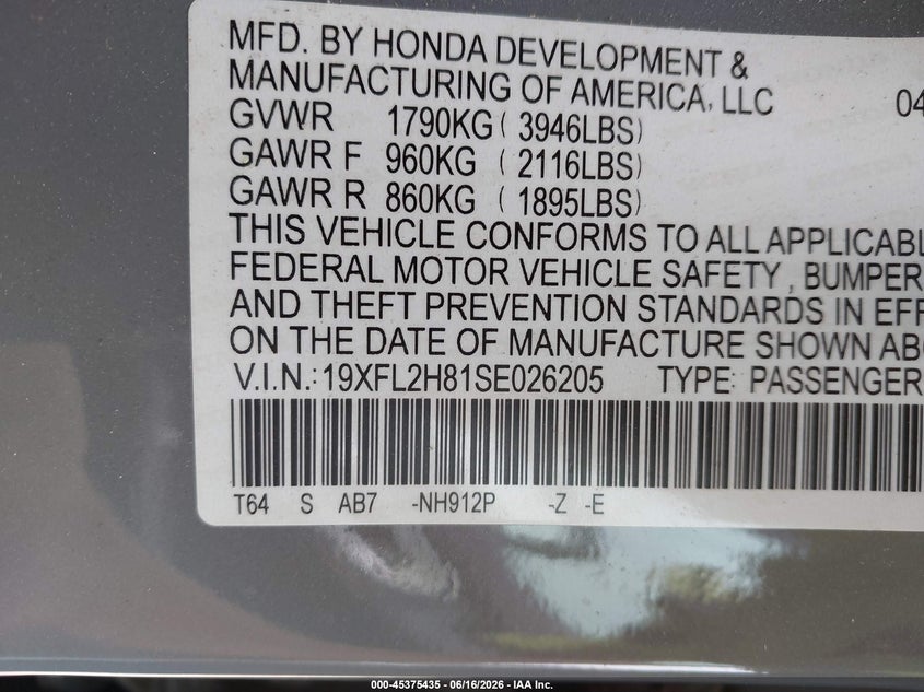 2025 Honda Civic VIN 19XFL2H81SE026205 IAAI salvage auction — REAR END, Salvage Rebuilt (North Carolina), sold $10,500 on 2026-07-30 (photo 9)