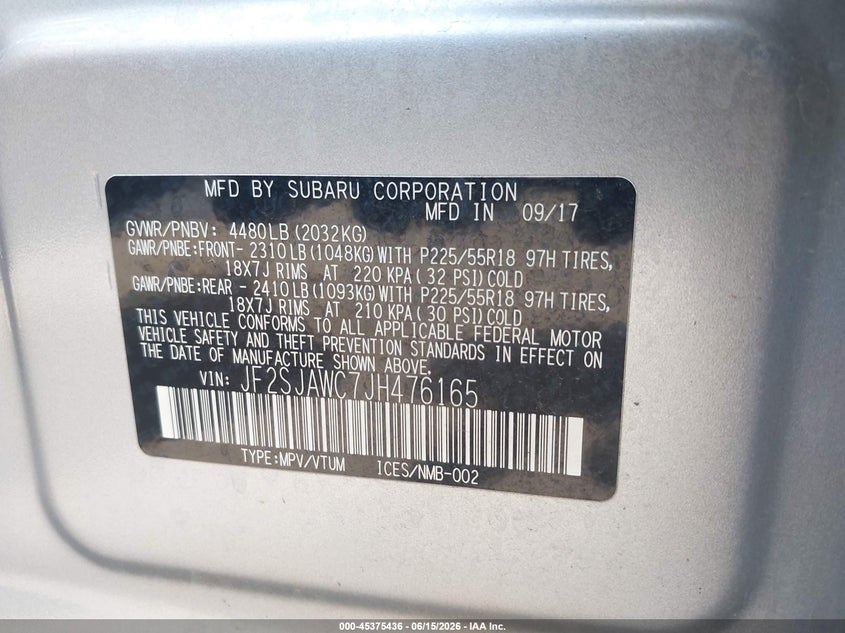 2018 Subaru Forester VIN JF2SJAWC7JH476165 IAAI salvage auction — FRONT END, Bill Of Sale (Washington), sold $700 on 2026-07-28 (photo 9)