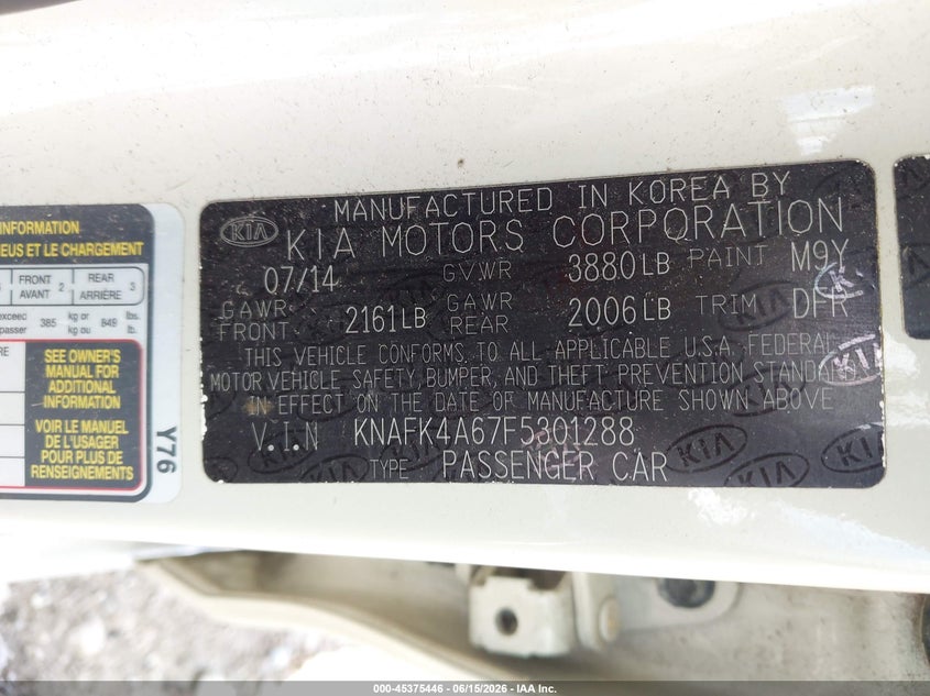 2015 Kia Forte VIN KNAFK4A67F5301288 IAAI salvage auction — FRONT END, Salvage (Ohio), sold $775 on 2026-07-13 (photo 9)