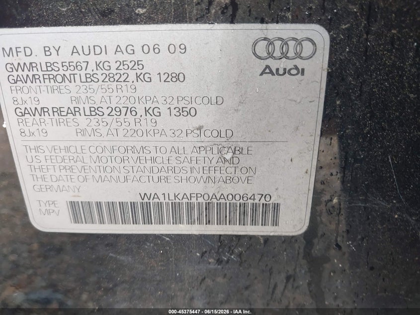 2010 Audi Q5 VIN WA1LKAFP0AA006470 IAAI salvage auction — FRONT END, Salvage (Alabama), sold $100 on 2026-07-07 (photo 9)