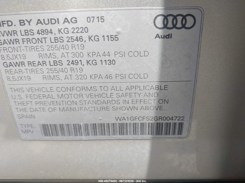 2016 Audi Q3 VIN WA1GFCFS2GR004722 IAAI salvage auction — NORMAL WEAR, Clear (North Carolina), sold $1,000 on 2026-07-08 (photo 9)