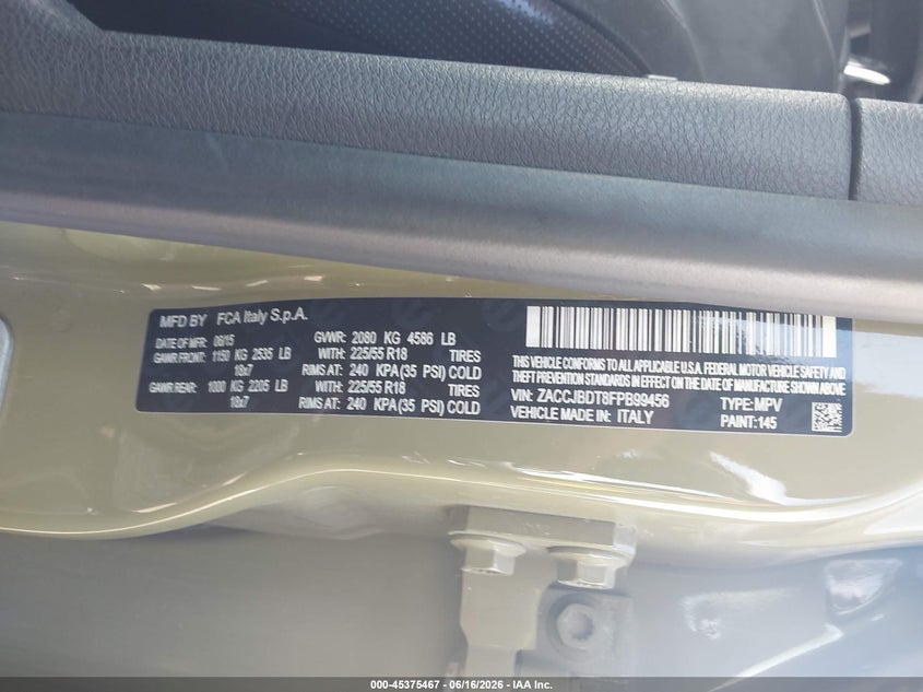 2015 Jeep Renegade VIN ZACCJBDT8FPB99456 IAAI salvage auction — LEFT FRONT, Clear (Wisconsin), sold $2,775 on 2026-07-09 (photo 9)