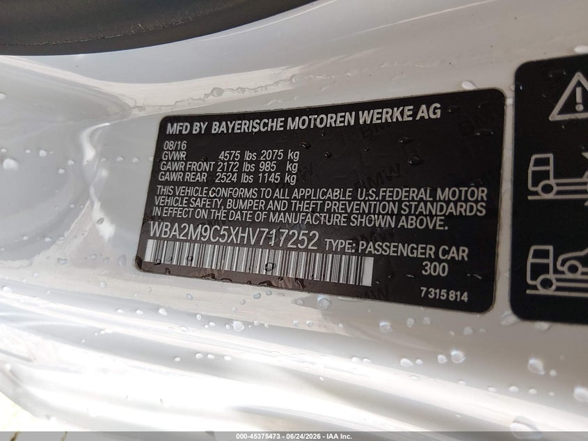 2017 BMW 2er VIN WBA2M9C5XHV717252 IAAI salvage auction — FRONT END, Clear (Indiana), sold $875 on 2026-07-29 (photo 9)