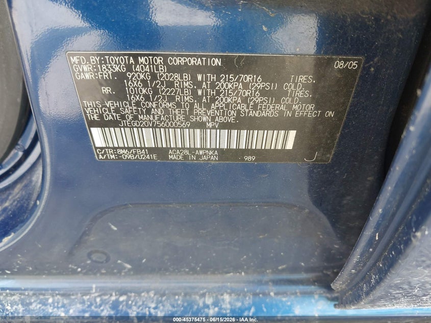 2005 Toyota Rav4 VIN JTEGD20V756000569 IAAI salvage auction — NORMAL WEAR, Clear (South Carolina), sold $375 on 2026-07-14 (photo 9)