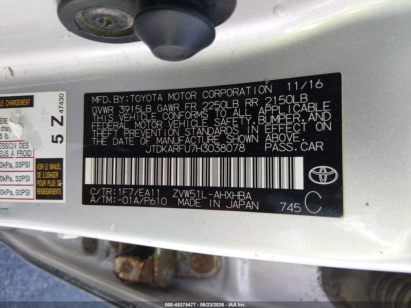 2017 Toyota Prius VIN JTDKARFU7H3038078 IAAI salvage auction — LEFT FRONT, Salvage (Missouri), sold $2,200 on 2026-07-28 (photo 9)